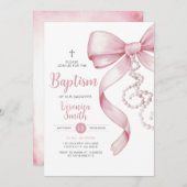 Elegant Girl Taufe Pink Bow Pearl Necklace Cross Einladung (Vorne/Hinten)