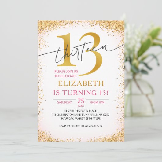 Elegant Girly 13. Geburtstag Einladung (Stehend Vorderseite)