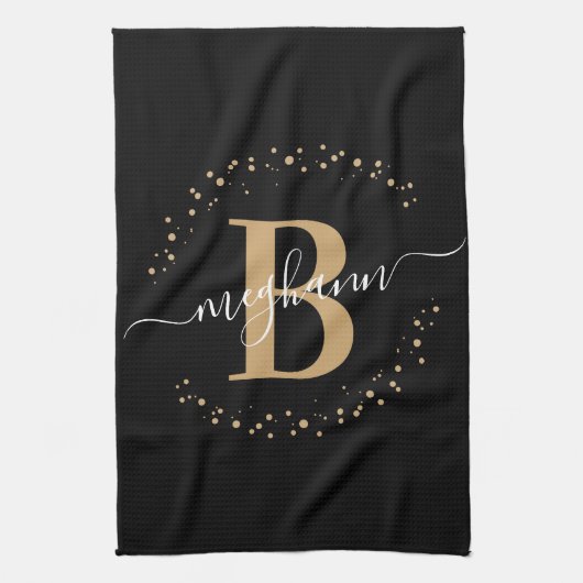Elegant Girly Black Monogram Name Script Geschirrtuch (Vertikal)