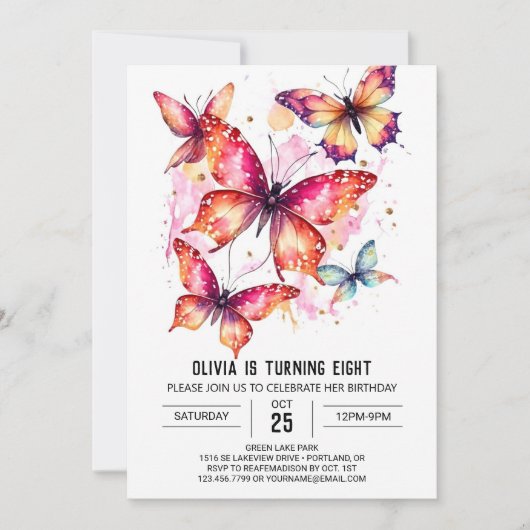 Elegant Girly Butterfly Girl Birthday Einladung (Vorderseite)