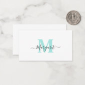 Elegant Girly Chic Aquamarin Monogram Mitteilungskarte (Vorderseite/Rückseite Beispiel)