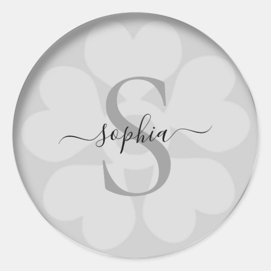 Elegant Girly Floral Silver Gray Monogram Name Runder Aufkleber (Vorderseite)