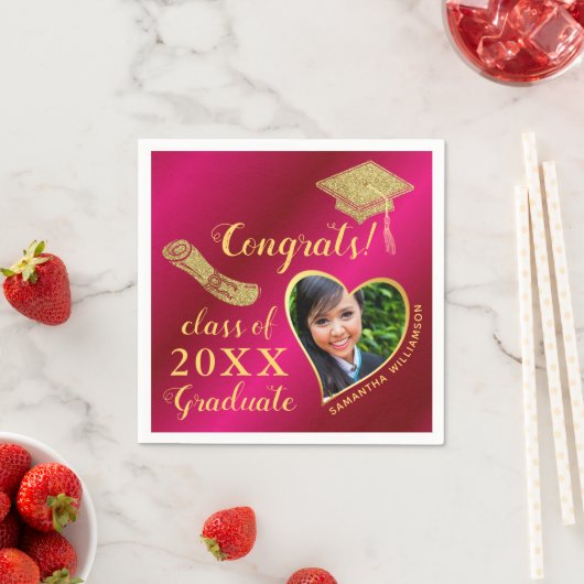 Elegant Girly Hot Pink Gold Foto 2025 Abschluss Serviette (Beispiel)