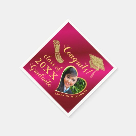 Elegant Girly Hot Pink Gold Foto 2025 Abschluss Serviette (Ecke)