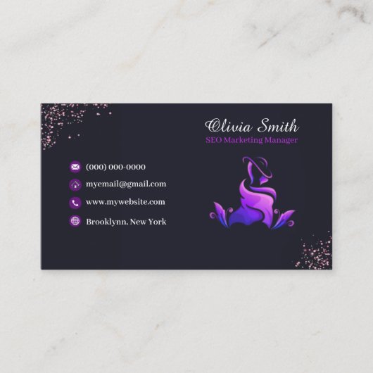 Elegant Girly Lila Navy Glitzer QR Code Visitenkarte (Vorderseite)