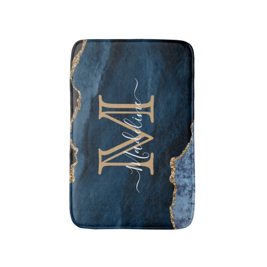 Elegant Girly Navy Blue Gold Agate Geode Monogram Badematte (Vorderseite Vertikal)