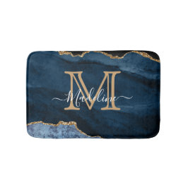 Elegant Girly Navy Blue Gold Agate Geode Monogram Badematte
