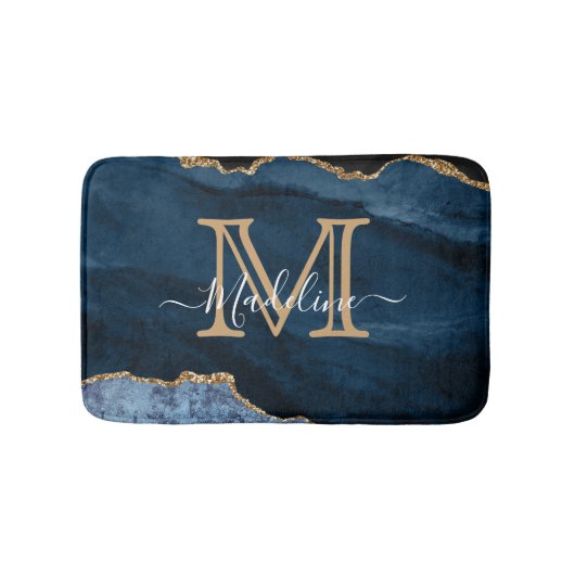 Elegant Girly Navy Blue Gold Agate Geode Monogram Badematte (Vorderseite)