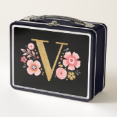 Elegant Girly Pink Black Floral Metall Brotdose (Vorderseite)