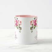 Elegant Girly Pink Rose Blumenname Mit Monogramm Tasse (Zentrum)