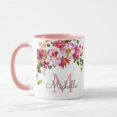 Elegant Girly Pink Rose Blumenname Mit Monogramm Tasse (Links)