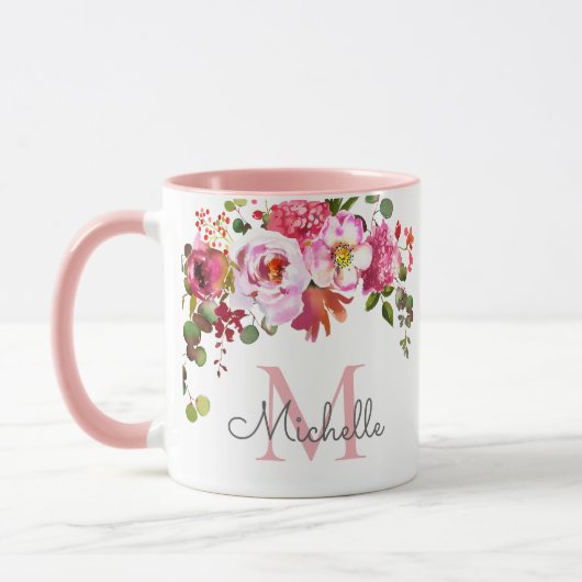 Elegant Girly Pink Rose Blumenname Mit Monogramm Tasse (Links)
