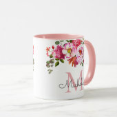 Elegant Girly Pink Rose Blumenname Mit Monogramm Tasse (VorderseiteRechts)