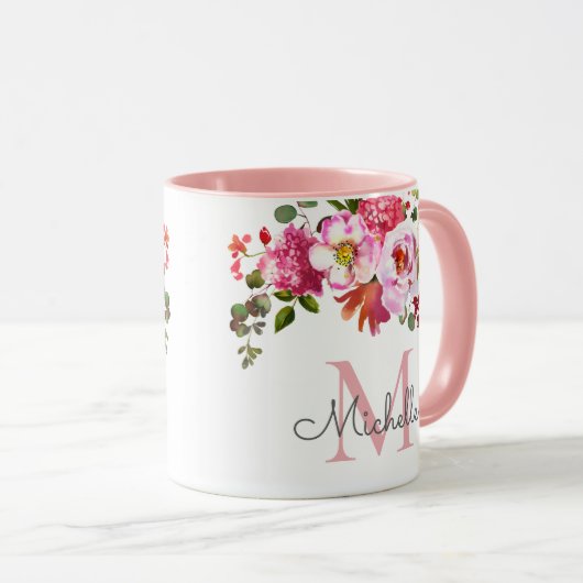 Elegant Girly Pink Rose Blumenname Mit Monogramm Tasse (VorderseiteRechts)