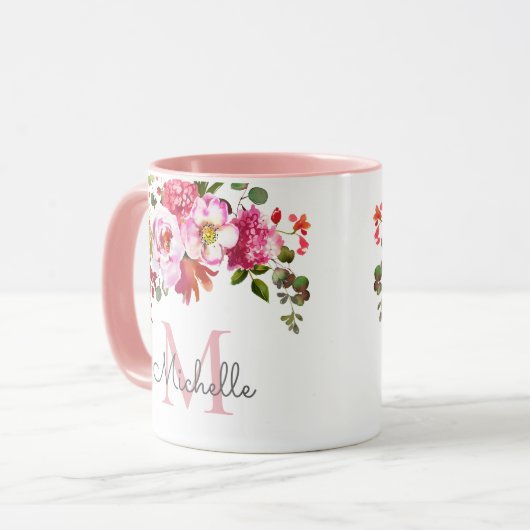 Elegant Girly Pink Rose Blumenname Mit Monogramm Tasse (Vorderseite Links)