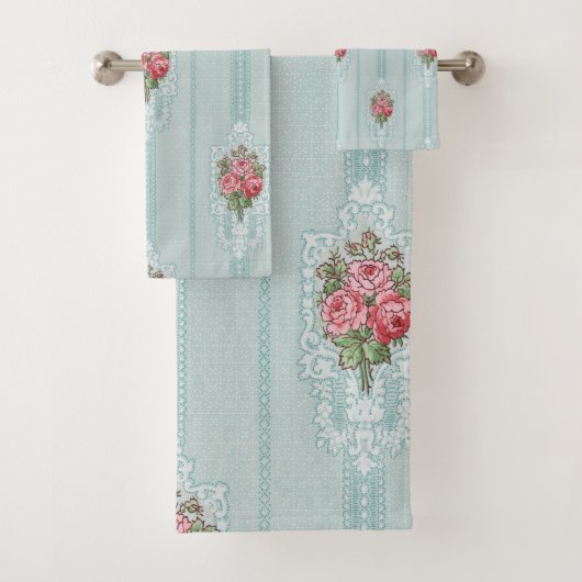 Elegant Girly Pink Roses auf Mint Hintergrund Badhandtuch Set (Insitu)