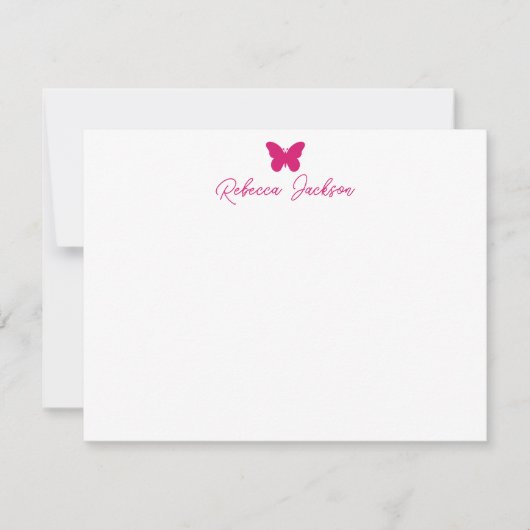Elegant Girly Script Name Magenta Pink Butterfly Mitteilungskarte (Vorderseite)