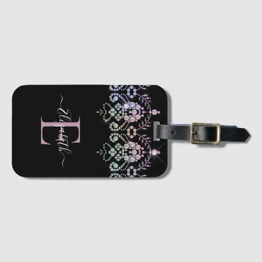 Elegant Girly Sparkle Monogram Name Luggage Ta Gepäckanhänger (Vorderseite (Horizontal))