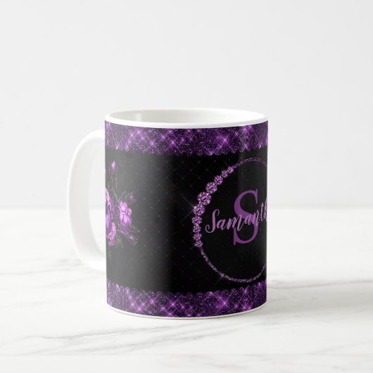 Elegant Girly Stylish Lila Monogram Black Kaffeetasse (Vorderseite Links)