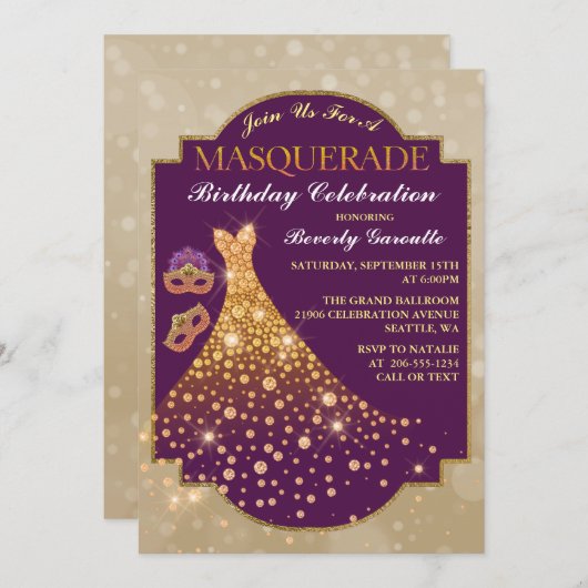 Elegant Glam Birthday Masquerade Einladung (Vorne/Hinten)
