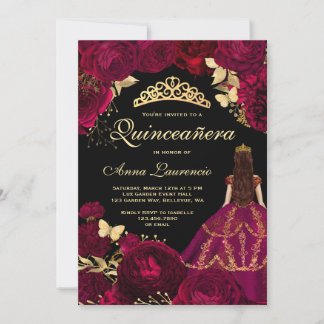 Elegant Glam Black Gold Burgundy Quinceanera Einladung