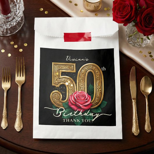 Elegant Glam Black Gold Red Rose 50th Birthday Geschenktütchen