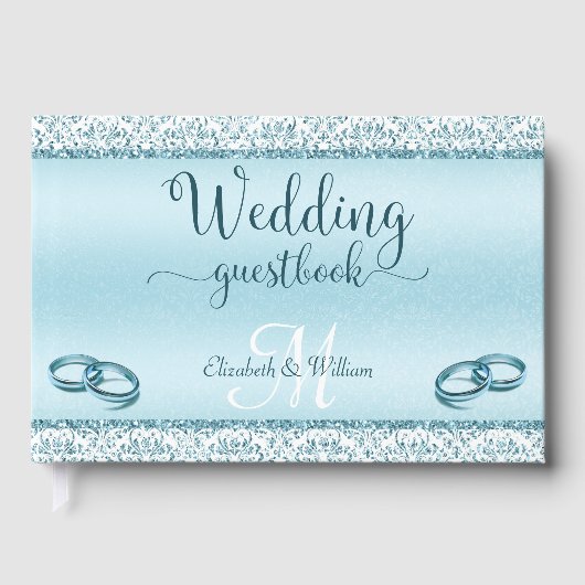 Elegant Glam Blue Damask Metallic Wedding Gästebuch (Vorderseite)