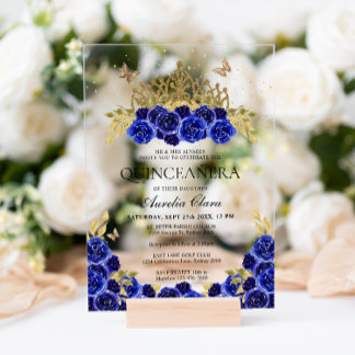 Elegant Glam Blue Floral Gold Tiara Quinceanera Acryleinladungen