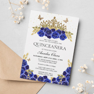 Elegant Glam Blue Floral Gold Tiara Quinceanera Einladung