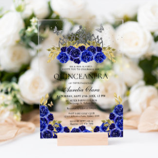 Elegant Glam Blue Floral Silver Tiara Quinceanera Acryleinladungen