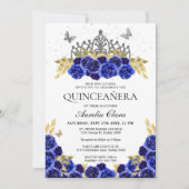 Elegant Glam Blue Floral Silver Tiara Quinceanera Einladung (Vorderseite)