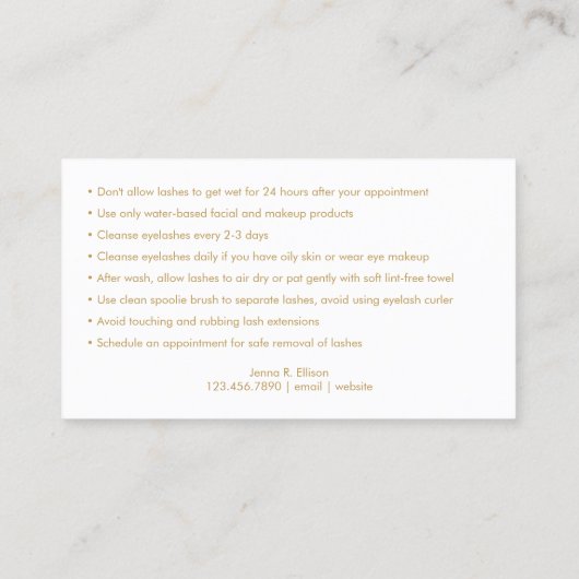 Elegant Glam Butterfly Eyelash Extension Aftercare Visitenkarte (Rückseite)