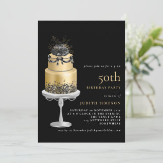 Elegant Glam Cake Florals Gold 50. Geburtstag Schw Einladung