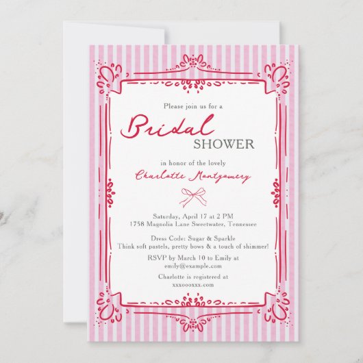 Elegant Glam Frame & Pink Stripes Bridal Shower Einladung (Vorderseite)