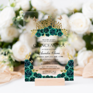 Elegant Glam Green Floral Gold Tiara Quinceanera Acryleinladungen