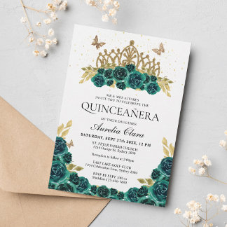 Elegant Glam Green Floral Gold Tiara Quinceanera Einladung