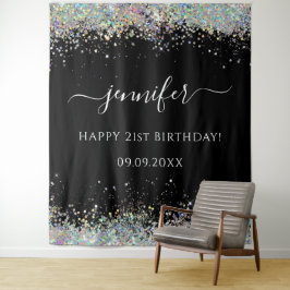 Elegant Glam Holographic Glitzer Birthday Black Wandteppich