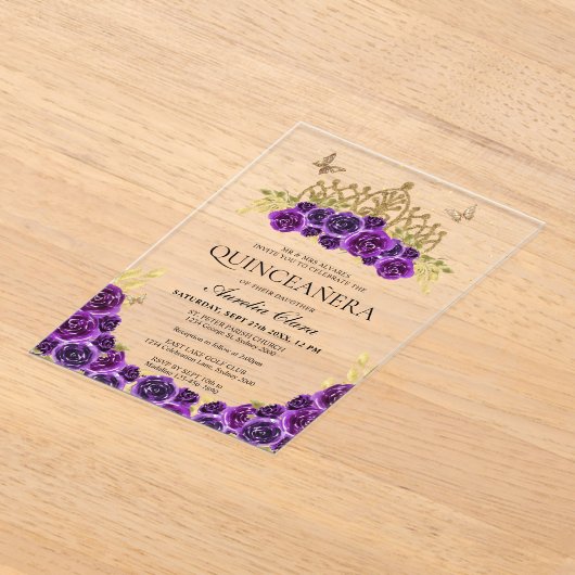 Elegant Glam Lila Floral Gold Tiara Quinceanera Acryleinladungen (Ablage )