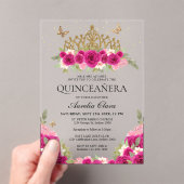Elegant Glam Pink Floral Gold Tiara Quinceanera Acryleinladungen (Insitu (Handheld))