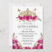 Elegant Glam Pink Floral Gold Tiara Quinceanera Einladung (Vorderseite)