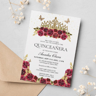 Elegant Glam Red Floral Gold Tiara Quinceanera Einladung