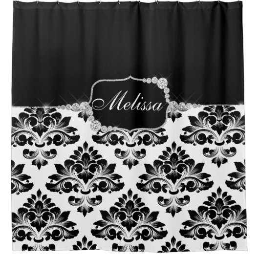 Elegant Glam Schwarz-weiß Damask Diamonds Duschvorhang (Vorderseite)