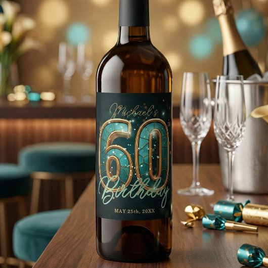 Elegant Glam Teal Gold 60th Milestone Birthday Weinetikett