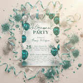 Elegant Glam Teal Silver Balloons Retirement Party Einladung