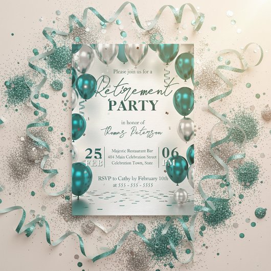 Elegant Glam Teal Silver Balloons Retirement Party Einladung