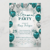 Elegant Glam Teal Silver Balloons Retirement Party Einladung (Vorderseite)