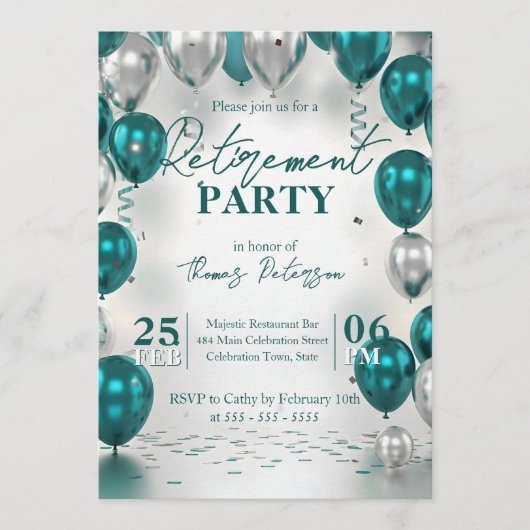 Elegant Glam Teal Silver Balloons Retirement Party Einladung (Vorderseite)
