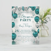 Elegant Glam Teal Silver Balloons Retirement Party Einladung (Stehend Vorderseite)