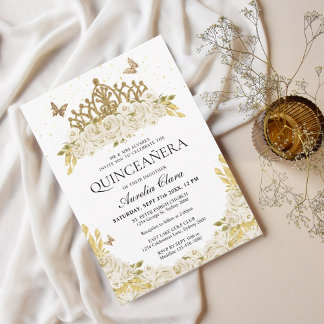 Elegant Glam White Floral Gold Tiara Quinceanera Einladung