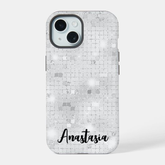 Elegant Glam White Silver Glitz Sparkle iPhone 15 Hülle (Rückseite)
